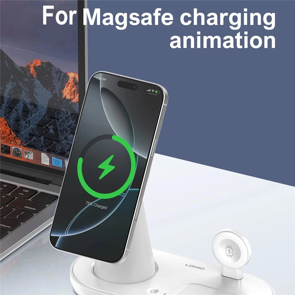 LDNIO WL01 5-in-1 Multifunctional Wireless Charging Station 15W Magnetic Charger Stand for Phone Watch Earbuds with Night Light - White - 3