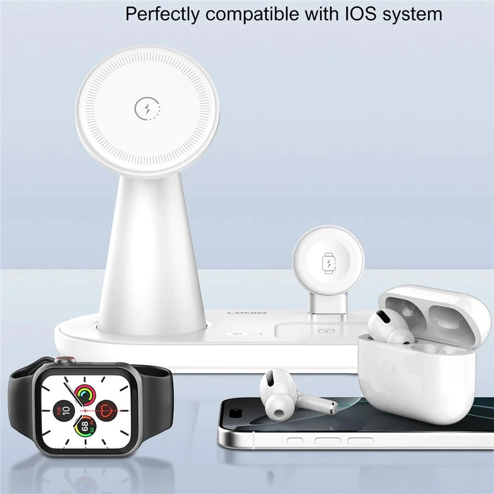 LDNIO WL01 5-in-1 Multifunctional Wireless Charging Station 15W Magnetic Charger Stand for Phone Watch Earbuds with Night Light - White - 4