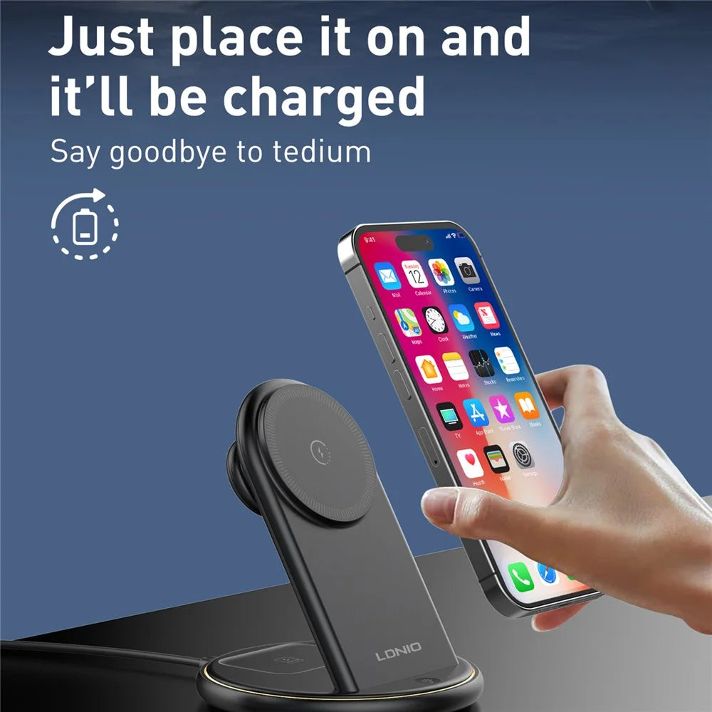 LDNIO WL02 5-in-1 Wireless Desktop Charging Station with 30cm Type-C Cable 15W Phone 5W Earphones 2.5W Watch Fast Charger Stand - Black - 3