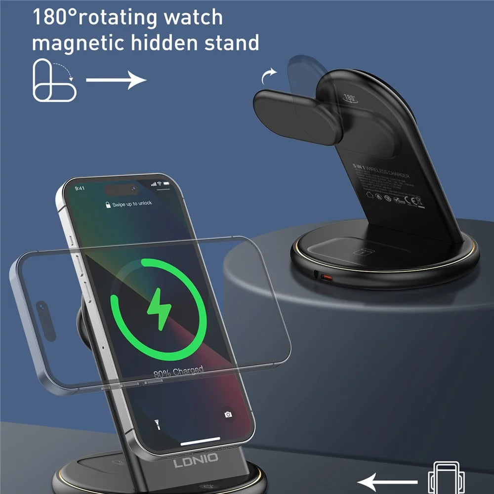 LDNIO WL02 5-in-1 Wireless Desktop Charging Station with 30cm Type-C Cable 15W Phone 5W Earphones 2.5W Watch Fast Charger Stand - Black - 5