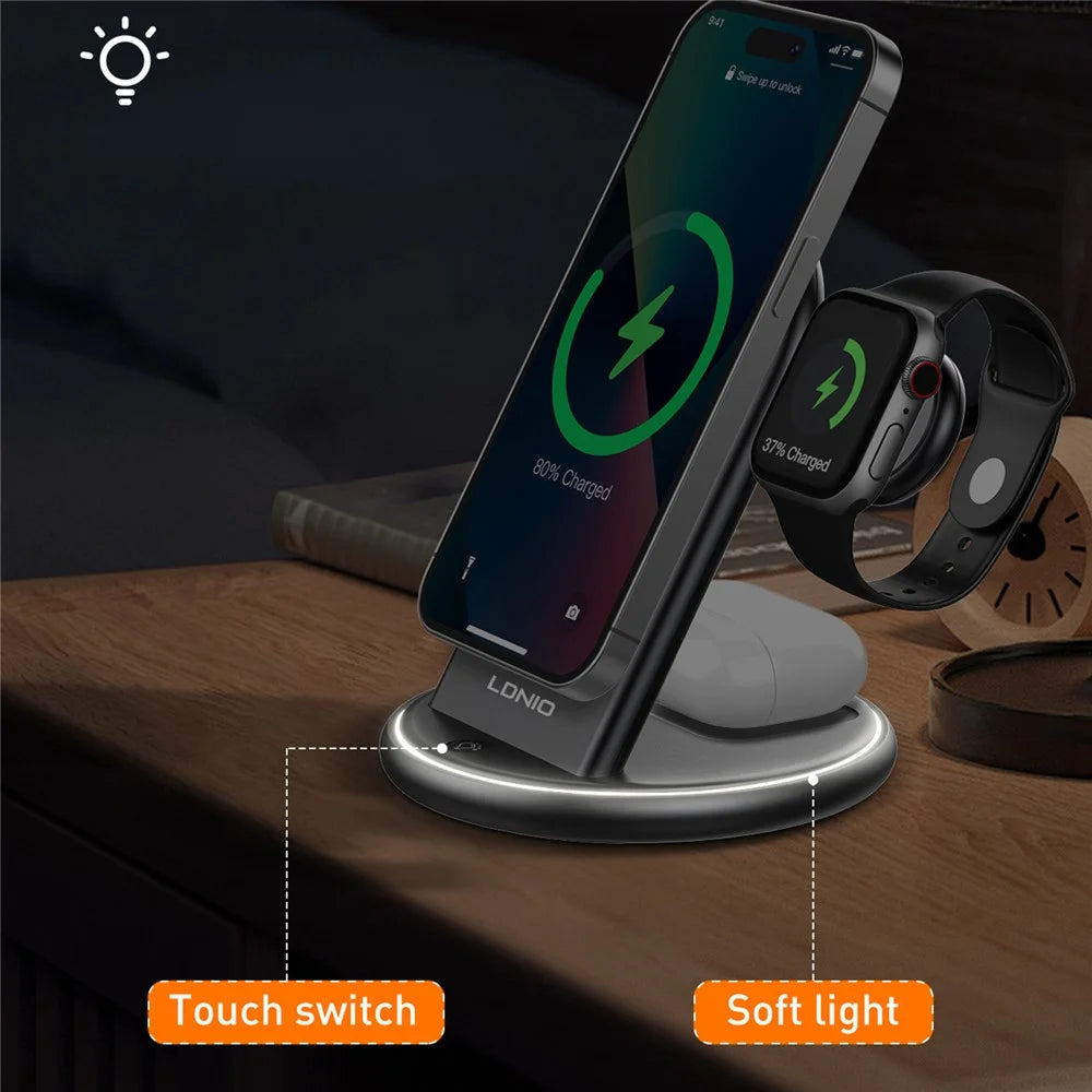 LDNIO WL02 5-in-1 Wireless Desktop Charging Station with 30cm Type-C Cable 15W Phone 5W Earphones 2.5W Watch Fast Charger Stand - Black - 7