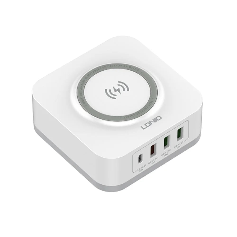 LDNIO AW004 32W 5-in-1 Charging Station 15W Qi Wireless Charger PD 30W QC 18W 2x USB-A 12W Desktop Charger Stand - White - 1