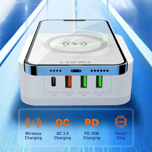 LDNIO AW004 32W 5-in-1 Charging Station 15W Qi Wireless Charger PD 30W QC 18W 2x USB-A 12W Desktop Charger Stand - White - 2
