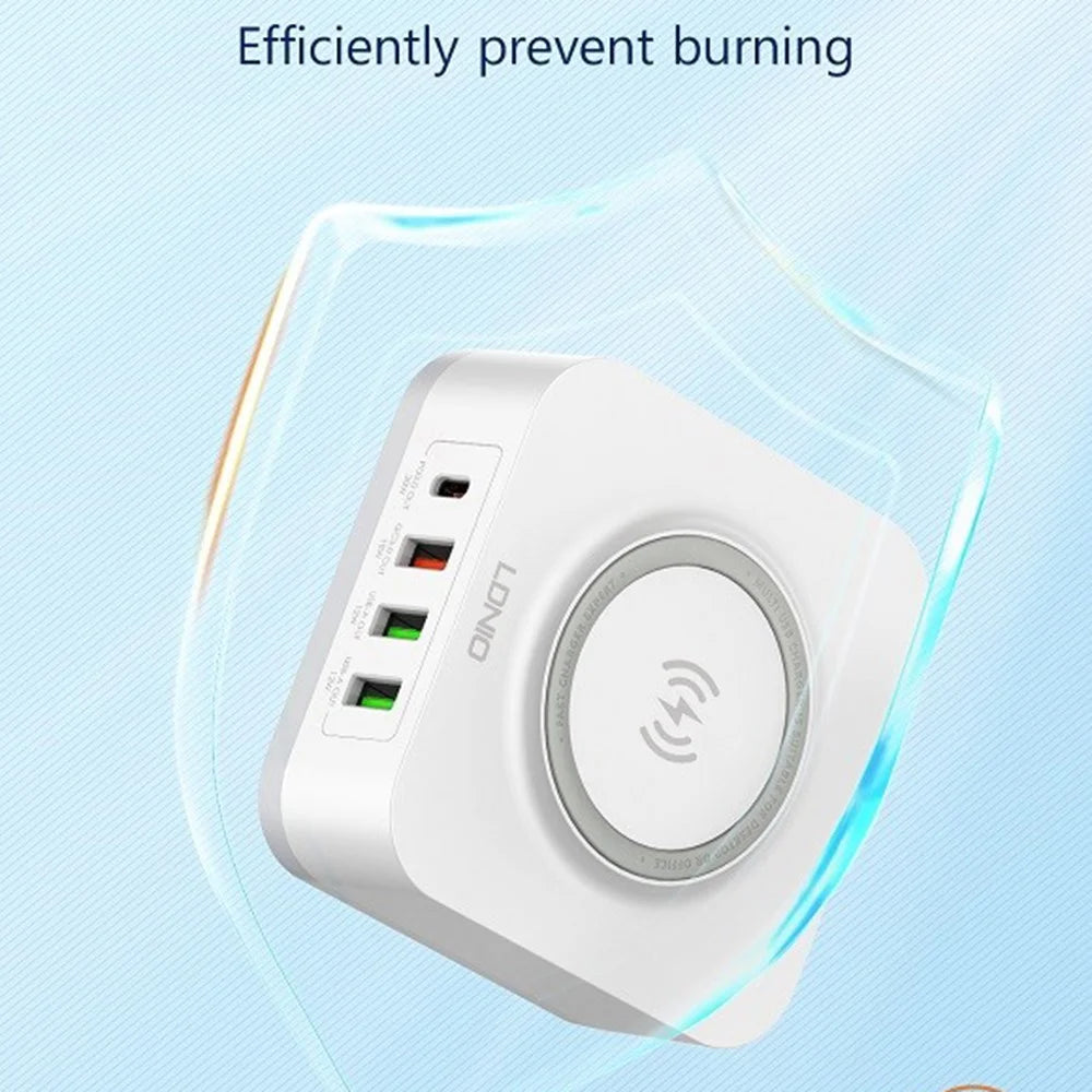 LDNIO AW004 32W 5-in-1 Charging Station 15W Qi Wireless Charger PD 30W QC 18W 2x USB-A 12W Desktop Charger Stand - White - 6