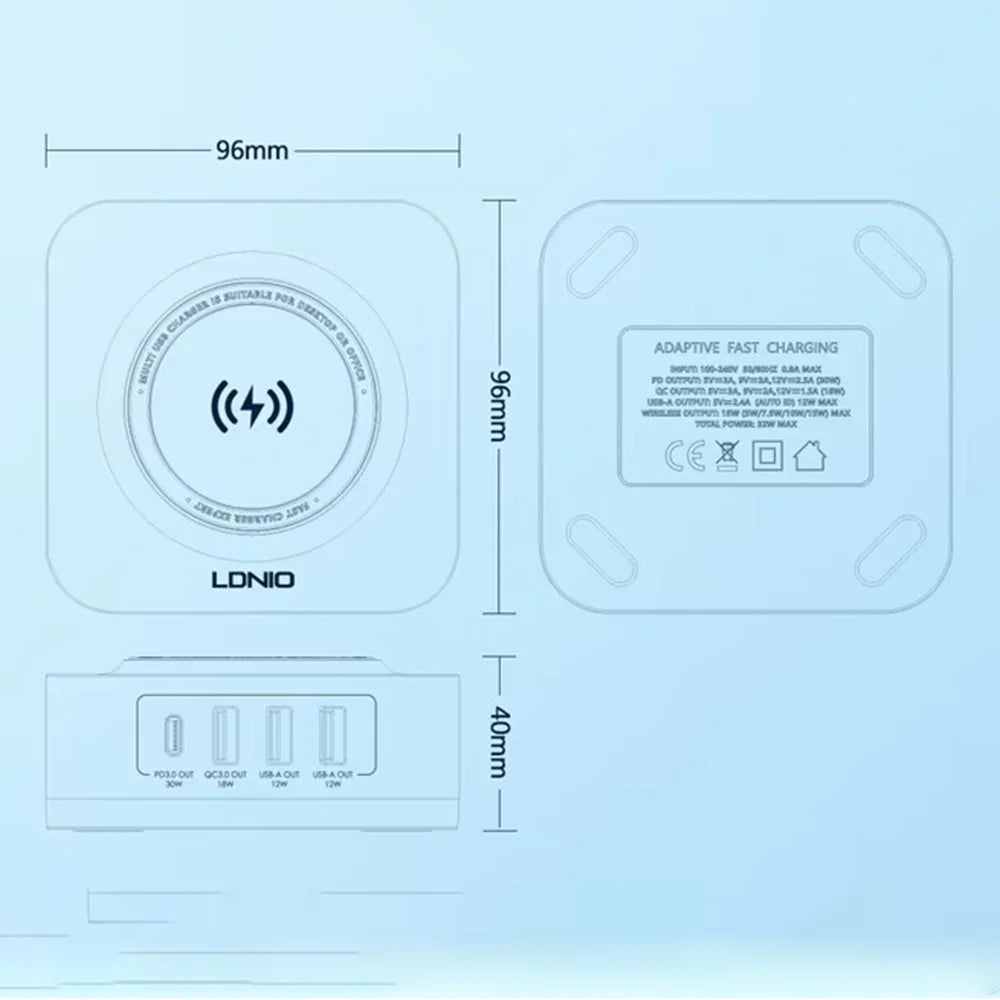 LDNIO AW004 32W 5-in-1 Charging Station 15W Qi Wireless Charger PD 30W QC 18W 2x USB-A 12W Desktop Charger Stand - White - 7