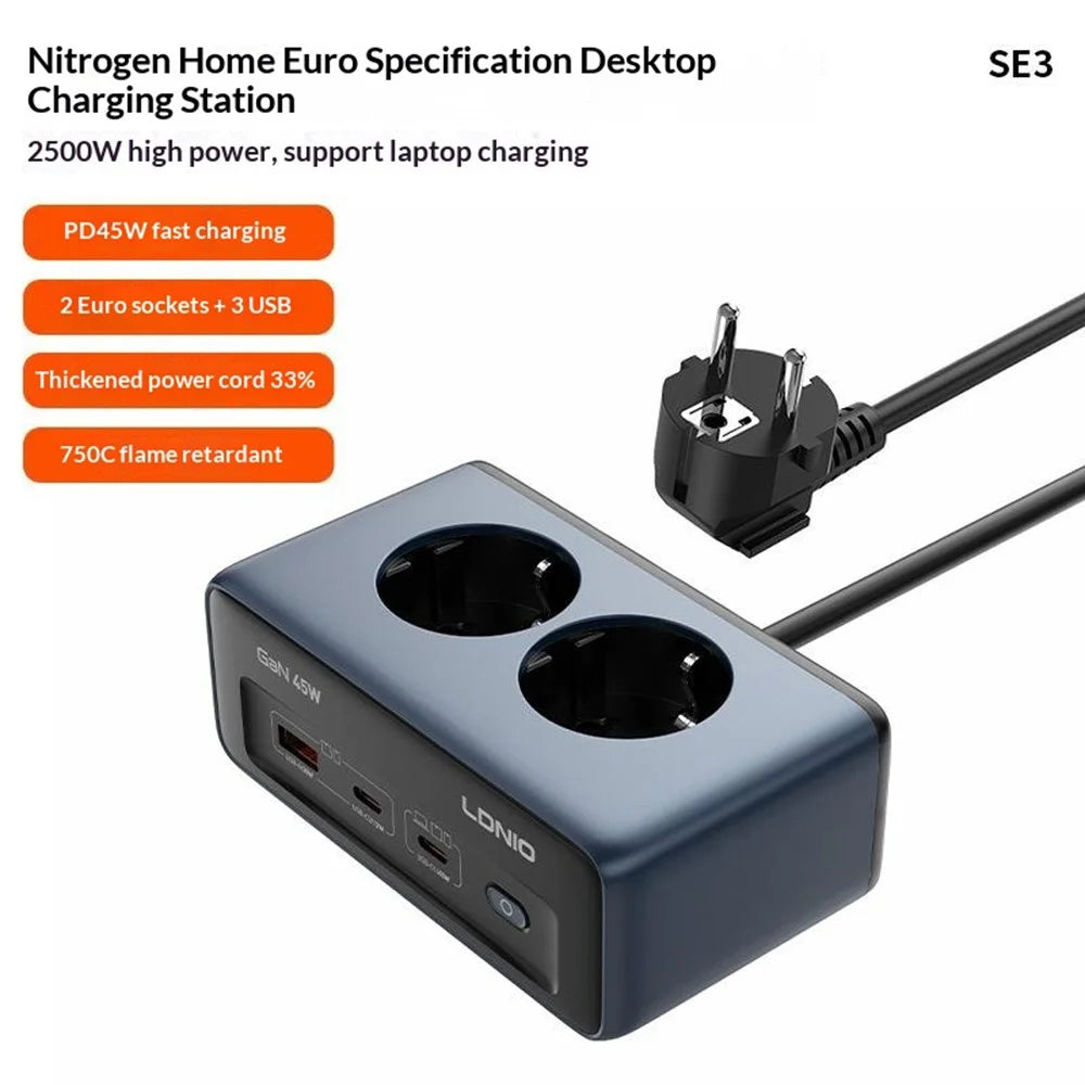 LDNIO SE3 45W GaN Power Strip 2 AC Outlets 3 USB Ports PD Fast Charging Power Socket Desktop Charger - Blue  /  EU Plug - 2