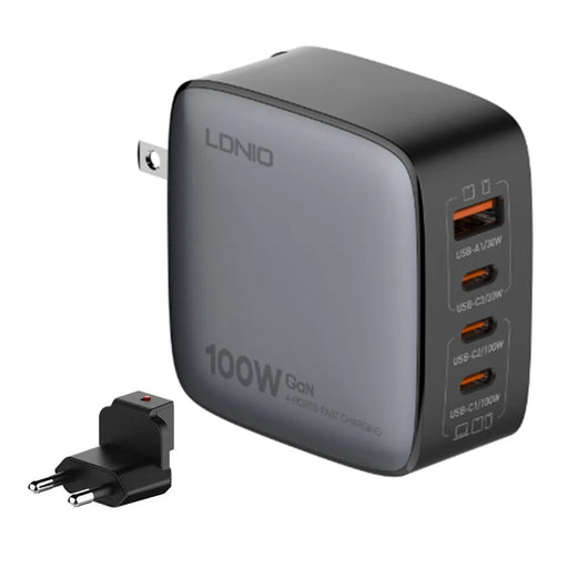 LDNIO Q408 100W GaN Charger Portable Travel 4-Port 3 USB-C + 1 USB-A PD Fast Charging Station for Phone Laptop - Grey  /  EU Plug - 1