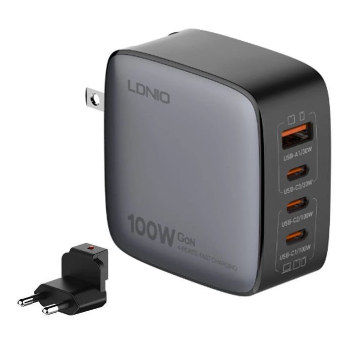 LDNIO Q408 100W GaN Charger Portable Travel 4-Port 3 USB-C + 1 USB-A PD Fast Charging Station for Phone Laptop - Grey  /  EU Plug - 1