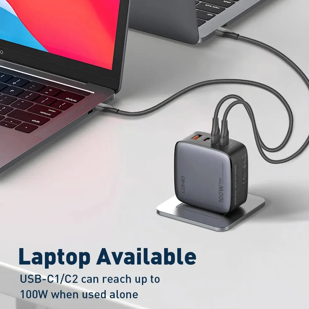LDNIO Q408 100W GaN Charger Portable Travel 4-Port 3 USB-C + 1 USB-A PD Fast Charging Station for Phone Laptop - Grey  /  EU Plug - 3