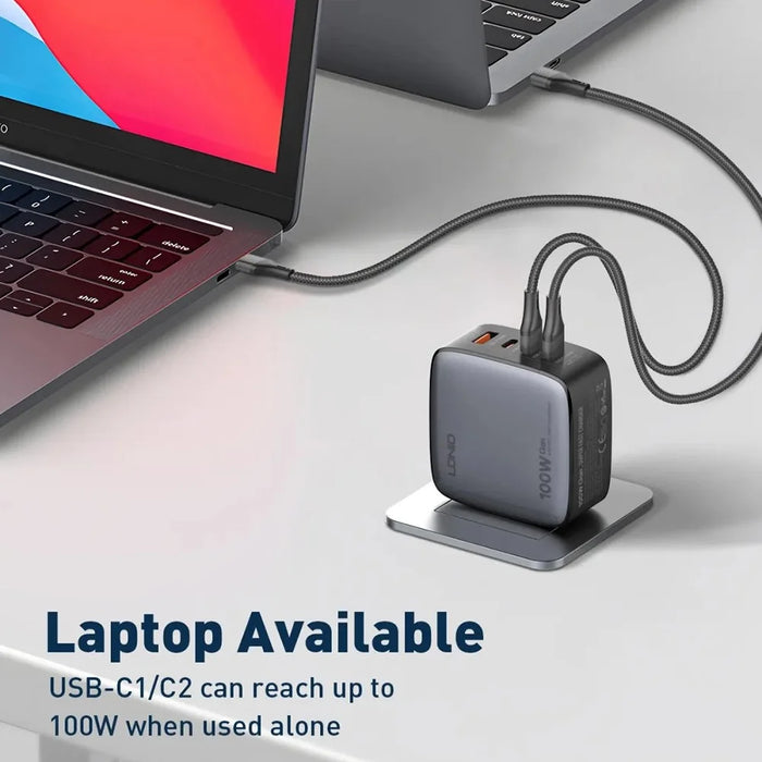 LDNIO Q408 100W GaN Charger Portable Travel 4-Port 3 USB-C + 1 USB-A PD Fast Charging Station for Phone Laptop - Grey  /  EU Plug - 3