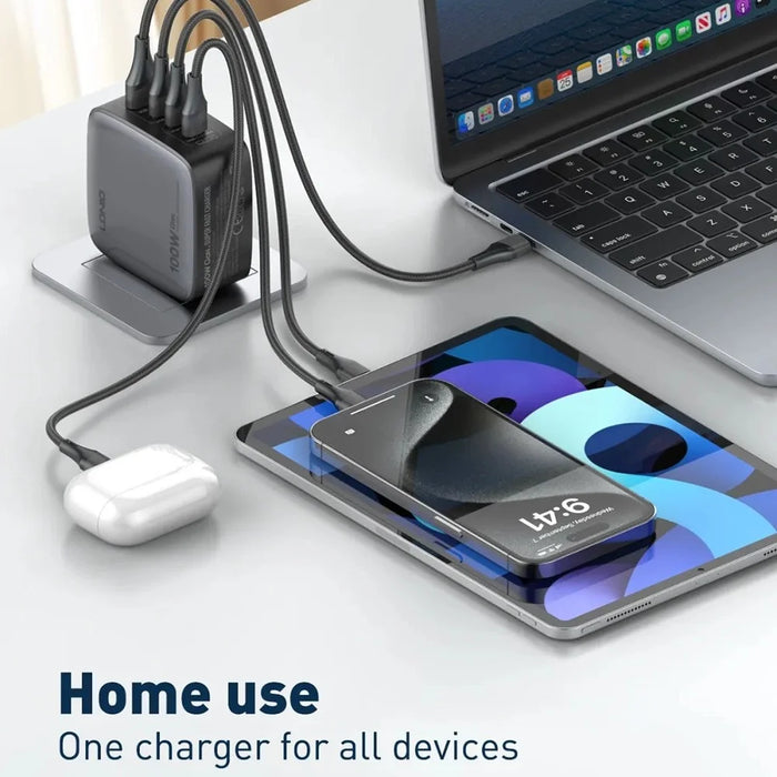 LDNIO Q408 100W GaN Charger Portable Travel 4-Port 3 USB-C + 1 USB-A PD Fast Charging Station for Phone Laptop - Grey  /  EU Plug - 5