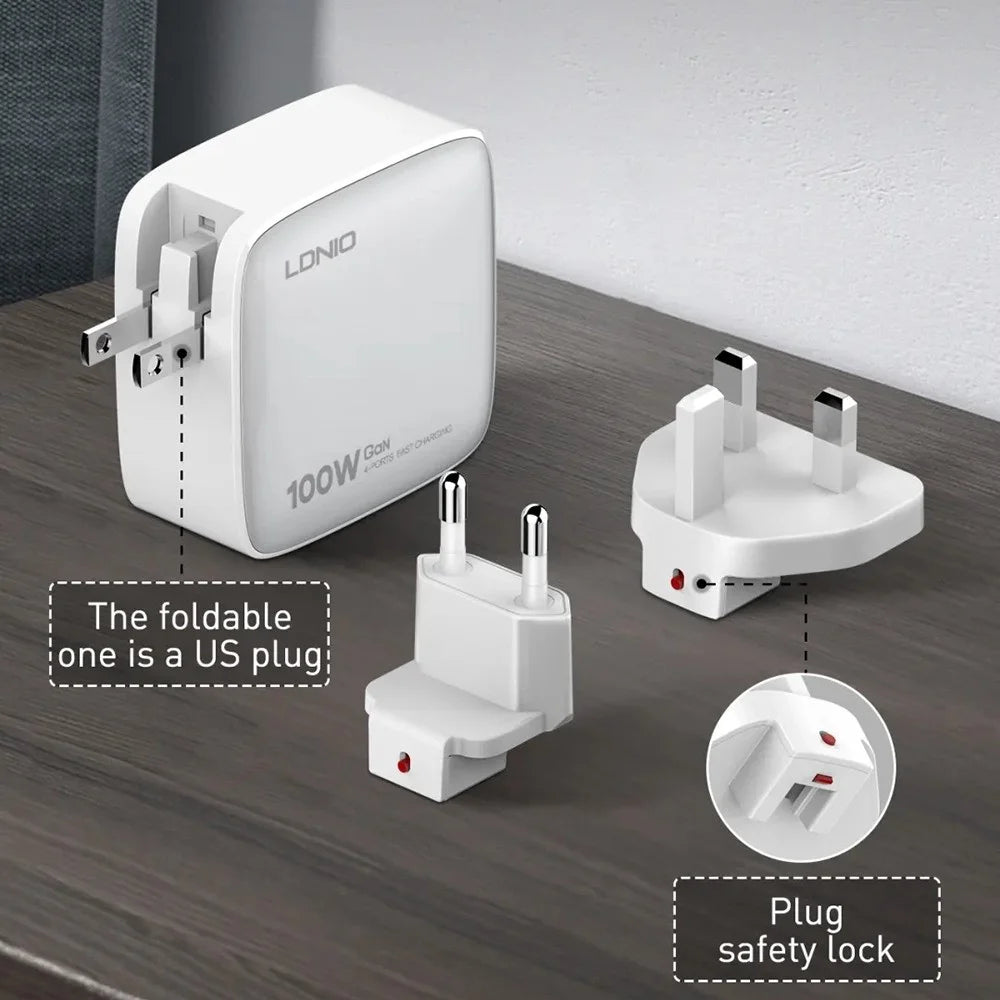 LDNIO Q408 100W GaN Charger Portable Travel 4-Port 3 USB-C + 1 USB-A PD Fast Charging Station for Phone Laptop - Grey  /  EU Plug - 6