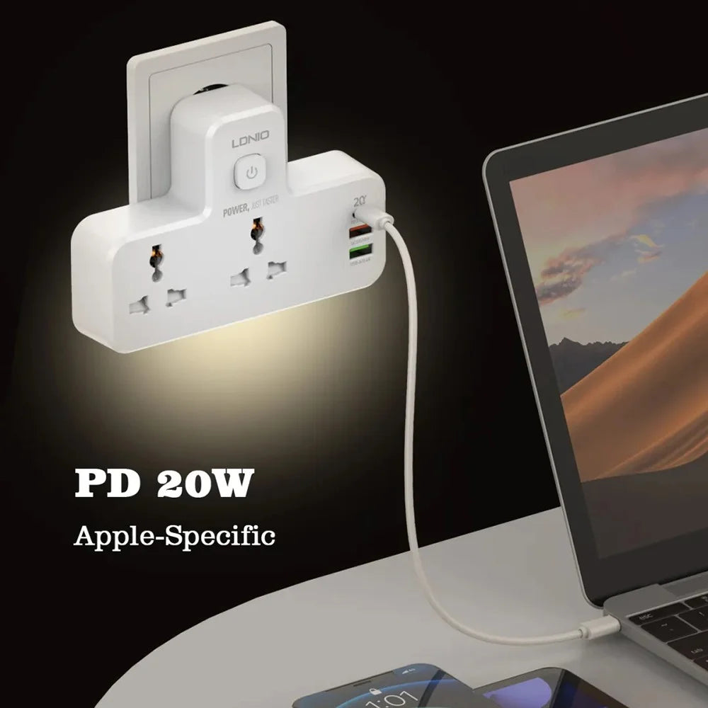 LDNIO SC2311 20W Fast Charging Power Strip 2 AC Outlets 3 USB Ports Wall Plug Power Socket with LED Night Light - White - 4