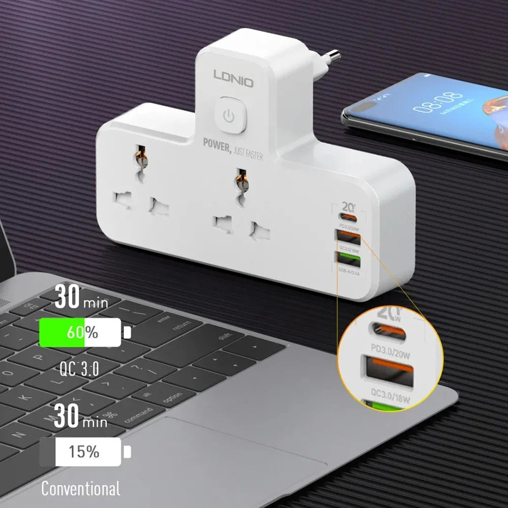 LDNIO SC2311 20W Fast Charging Power Strip 2 AC Outlets 3 USB Ports Wall Plug Power Socket with LED Night Light - White - 5