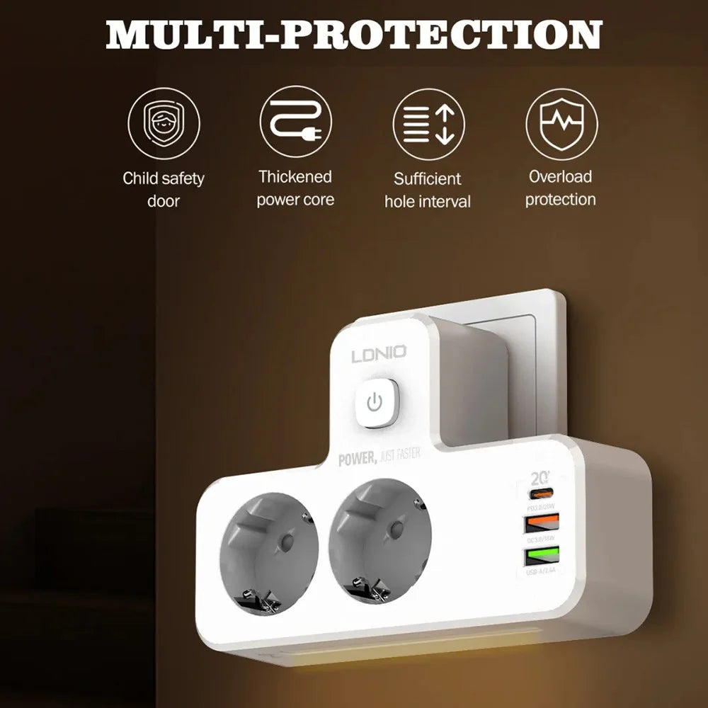 LDNIO SE2337 20W PD Fast Charging Power Strip 2 AC Outlets 3 USB Ports Wall Plug Design Charging Station Power Socket with Night Light - White  /  EU Plug - 4