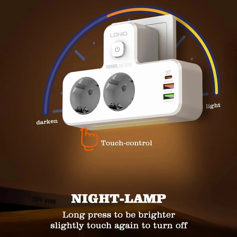 LDNIO SE2337 20W PD Fast Charging Power Strip 2 AC Outlets 3 USB Ports Wall Plug Design Charging Station Power Socket with Night Light - White  /  EU Plug - 5