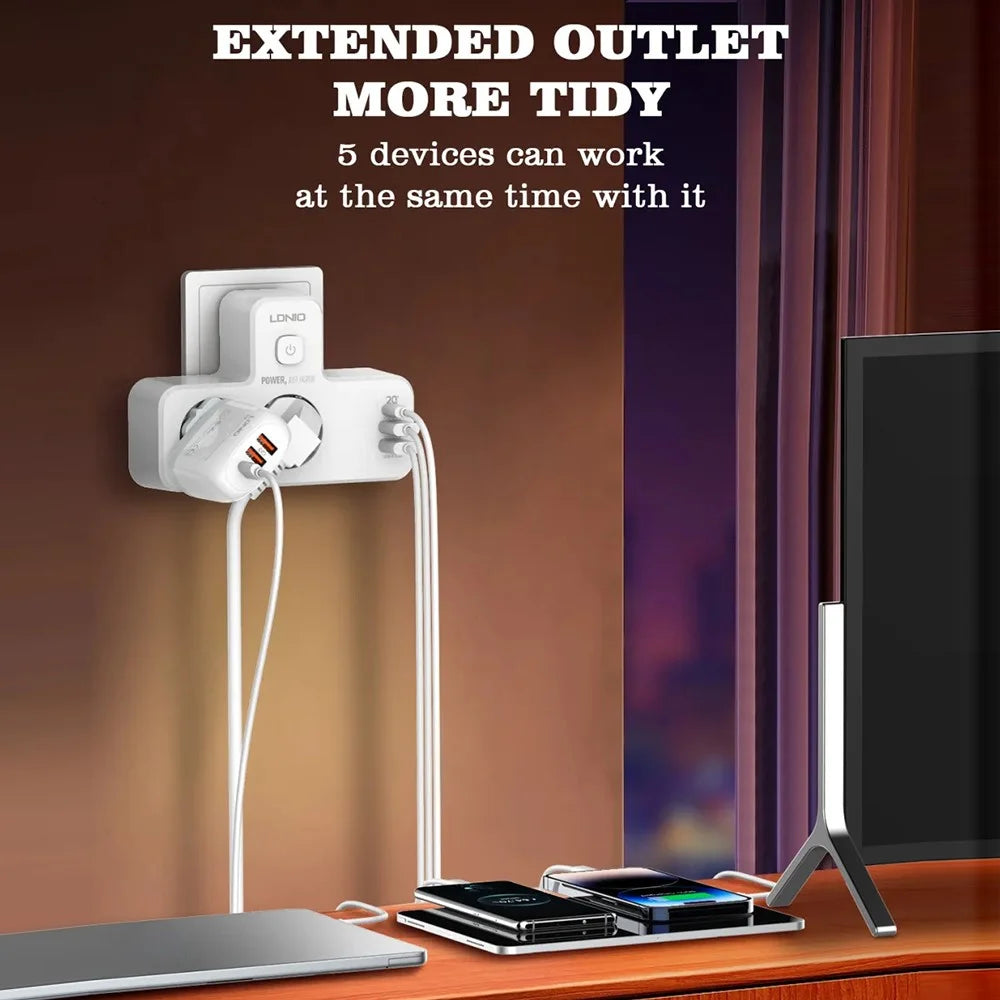 LDNIO SE2337 20W PD Fast Charging Power Strip 2 AC Outlets 3 USB Ports Wall Plug Design Charging Station Power Socket with Night Light - White  /  EU Plug - 6