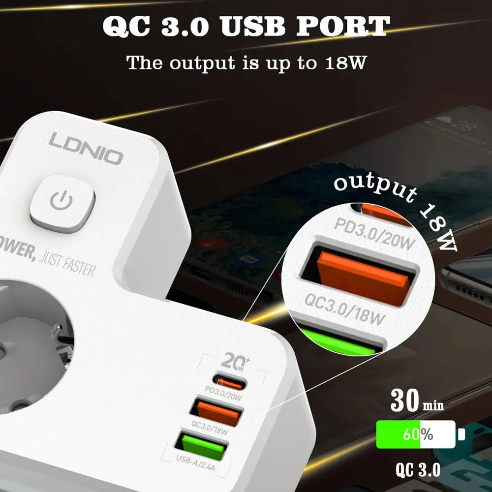 LDNIO SE2337 20W PD Fast Charging Power Strip 2 AC Outlets 3 USB Ports Wall Plug Design Charging Station Power Socket with Night Light - White  /  EU Plug - 7