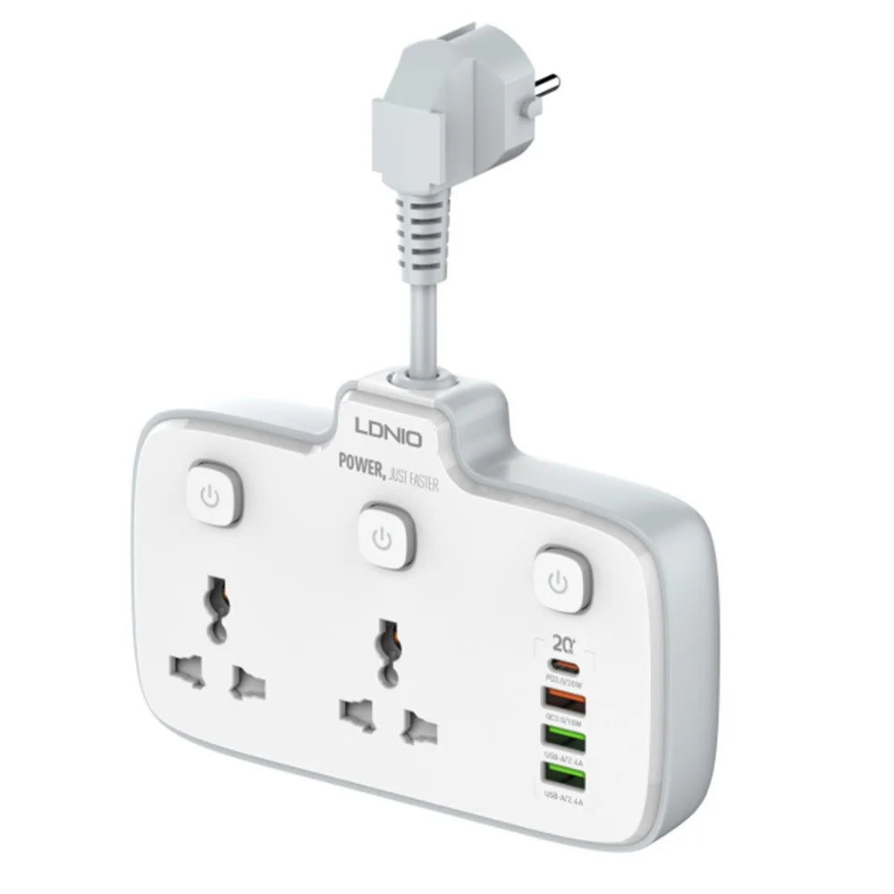 LDNIO SC2413 20W Power Strip 2500W 2 AC Outlets 4 USB Ports PD Fast Charging Extension Power Socket - White  /  EU Plug - 1