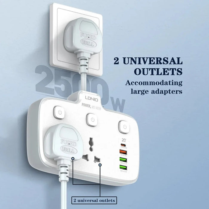 LDNIO SC2413 20W Power Strip 2500W 2 AC Outlets 4 USB Ports PD Fast Charging Extension Power Socket - White  /  EU Plug - 4