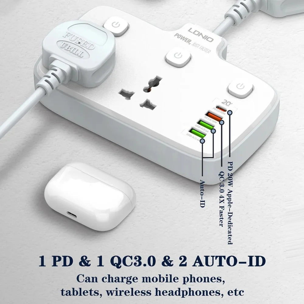 LDNIO SC2413 20W Power Strip 2500W 2 AC Outlets 4 USB Ports PD Fast Charging Extension Power Socket - White  /  EU Plug - 5