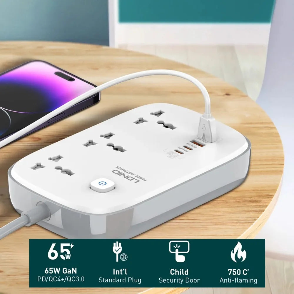 LDNIO SC3416 65W GaN Fast Charging Power Strip 3 AC Outlets 4 USB Ports Desktop Multi Device Charger Power Socket - White - 2