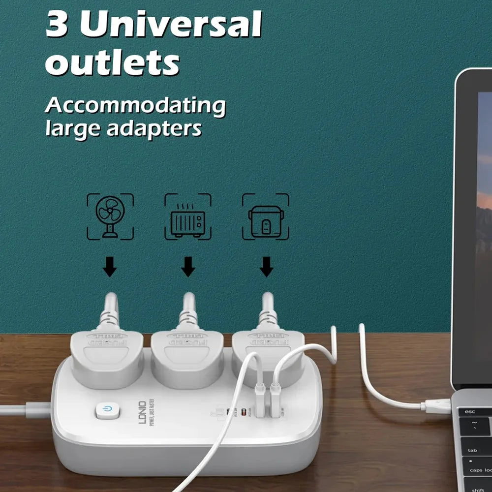 LDNIO SC3416 65W GaN Fast Charging Power Strip 3 AC Outlets 4 USB Ports Desktop Multi Device Charger Power Socket - White - 3