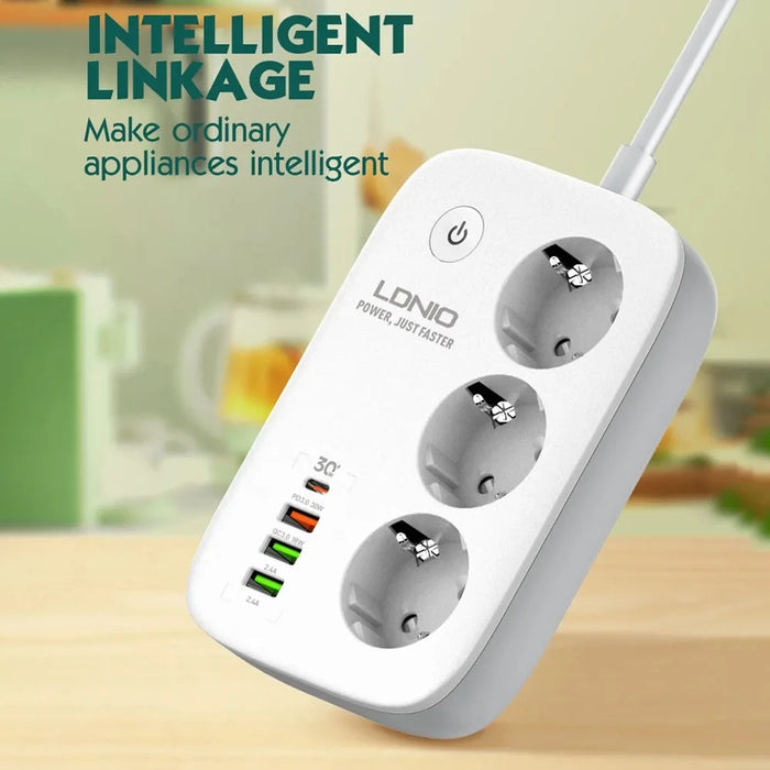 LDNIO SEW3452 WiFi Smart Power Strip 30W PD Fast Charging 3 EU Plug AC Outlets 4 USB Ports Remote Control Power Socket - White - 2
