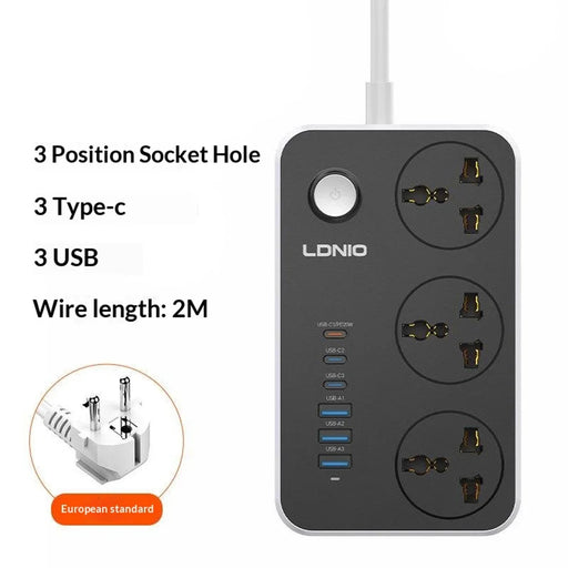 LDNIO SC3604C 20W Fast Charging Power Strip 3 AC Outlets 6 USB Ports Power Socket with 2m Cable - Black  /  EU Plug - 2