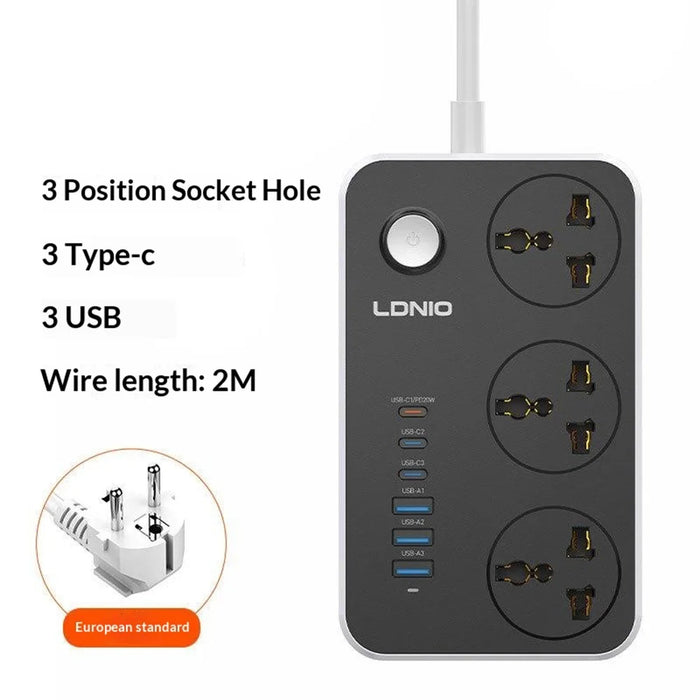 LDNIO SC3604C 20W Fast Charging Power Strip 3 AC Outlets 6 USB Ports Power Socket with 2m Cable - Black  /  EU Plug - 2