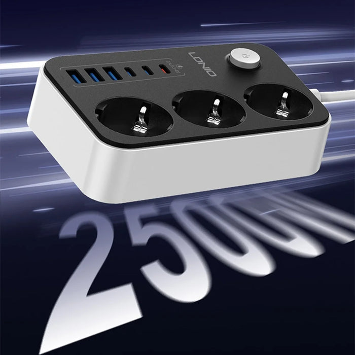 LDNIO SE3631C 20W Fast Charging Power Strip 3 EU Plug AC Outlets 6 USB Ports Power Socket with 2m Cable - Black  /  EU Plug - 2