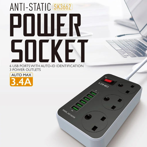 LDNIO SK3662 20W Fast Charging Power Strip 3 AC Outlets 6 USB Ports Power Socket with 2m Cable - Black  /  UK Plug - 2