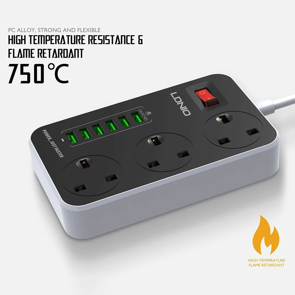 LDNIO SK3662 20W Fast Charging Power Strip 3 AC Outlets 6 USB Ports Power Socket with 2m Cable - Black  /  UK Plug - 4