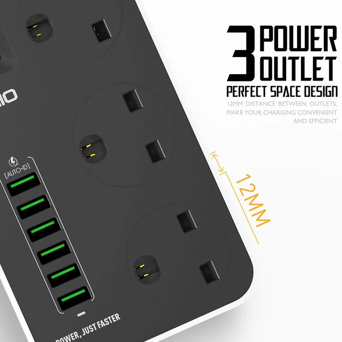 LDNIO SK3662 20W Fast Charging Power Strip 3 AC Outlets 6 USB Ports Power Socket with 2m Cable - Black  /  UK Plug - 7