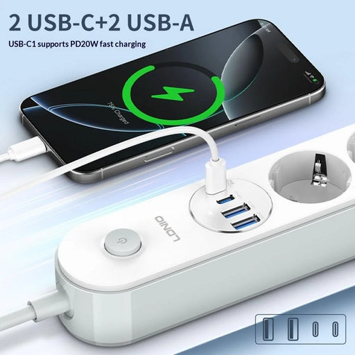 LDNIO SE1-C 20W PD Fast Charging Power Strip 4 EU Plug AC Outlets 4 USB Ports Extension Power Socket for Office Desktop - White  /  EU Plug - 2