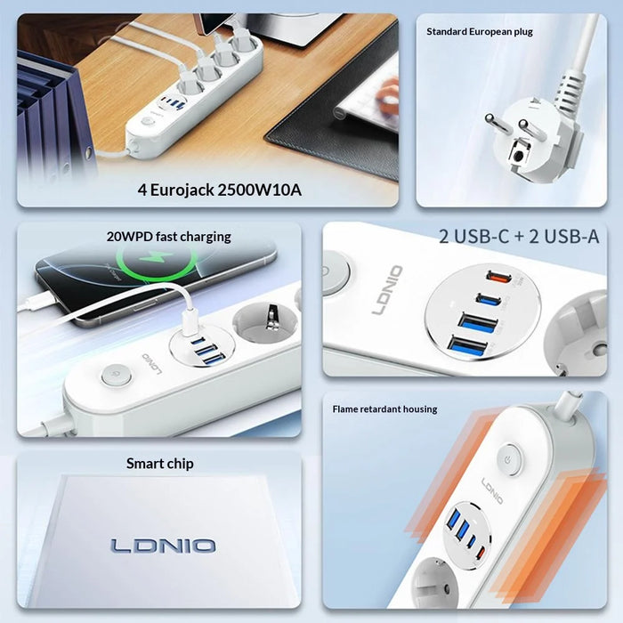 LDNIO SE1-C 20W PD Fast Charging Power Strip 4 EU Plug AC Outlets 4 USB Ports Extension Power Socket for Office Desktop - White  /  EU Plug - 3