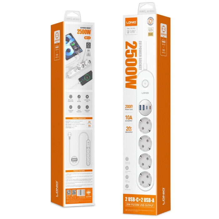 LDNIO SE1-C 20W PD Fast Charging Power Strip 4 EU Plug AC Outlets 4 USB Ports Extension Power Socket for Office Desktop - White  /  EU Plug - 5