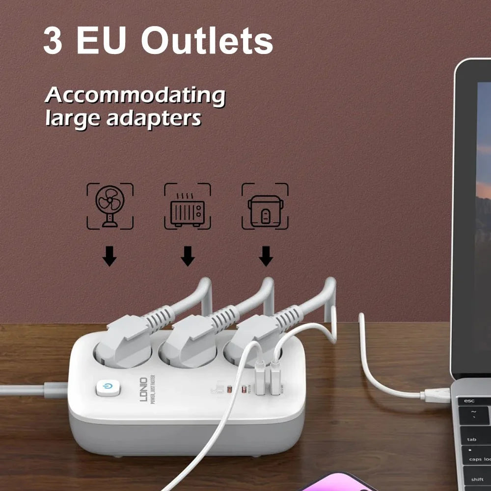 LDNIO SE3436 65W GaN Power Strip Fast Charging 3 EU Plug AC Outlets 4 USB Ports Extension Cord Desktop Power Socket - White - 3