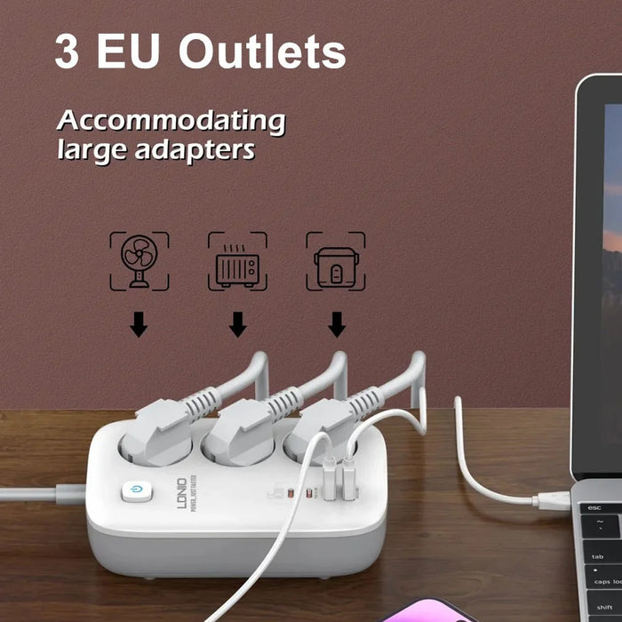 LDNIO SE3436 65W GaN Power Strip Fast Charging 3 EU Plug AC Outlets 4 USB Ports Extension Cord Desktop Power Socket - White - 3