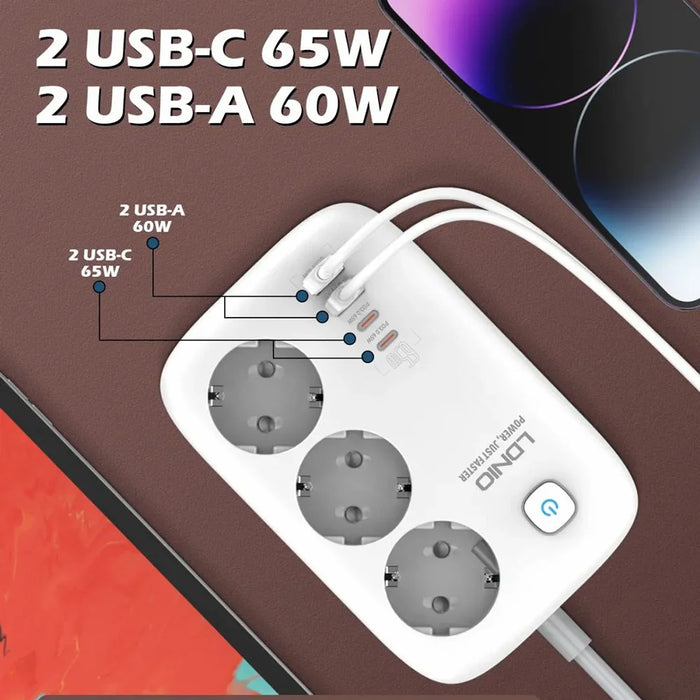 LDNIO SE3436 65W GaN Power Strip Fast Charging 3 EU Plug AC Outlets 4 USB Ports Extension Cord Desktop Power Socket - White - 5