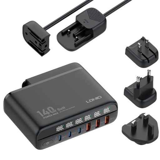 LDNIO A6140C 140W GaN Charger Digital Display  6 USB Ports Fast Charging Station with 3Pcs Replaceable Plugs for Laptop Phone - Black - 1