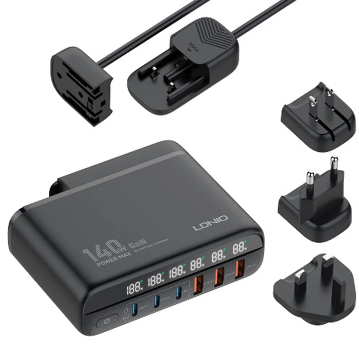 LDNIO A6140C 140W GaN Charger Digital Display  6 USB Ports Fast Charging Station with 3Pcs Replaceable Plugs for Laptop Phone - Black - 1