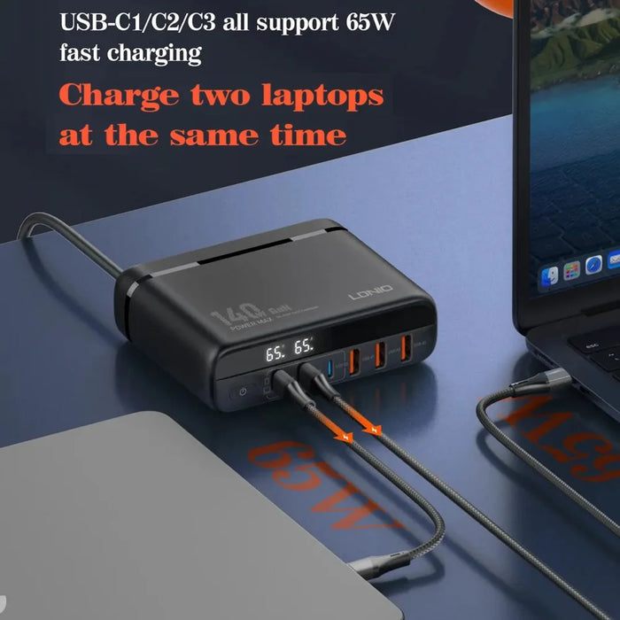 LDNIO A6140C 140W GaN Charger Digital Display  6 USB Ports Fast Charging Station with 3Pcs Replaceable Plugs for Laptop Phone - Black - 7