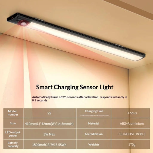 LDNIO Y5 410mm 3W Smart PIR Motion Sensor Under Cabinet LED Light Rechargeable Magnetic Night Light for Kitchen - Black - 2