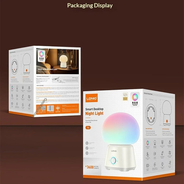 LDNIO Y4 RGB Night Light 3600mAh Rechargeable Bedside Lamp Mushroom Shape 7-Color Ambient Light for Bedroom - White - 7