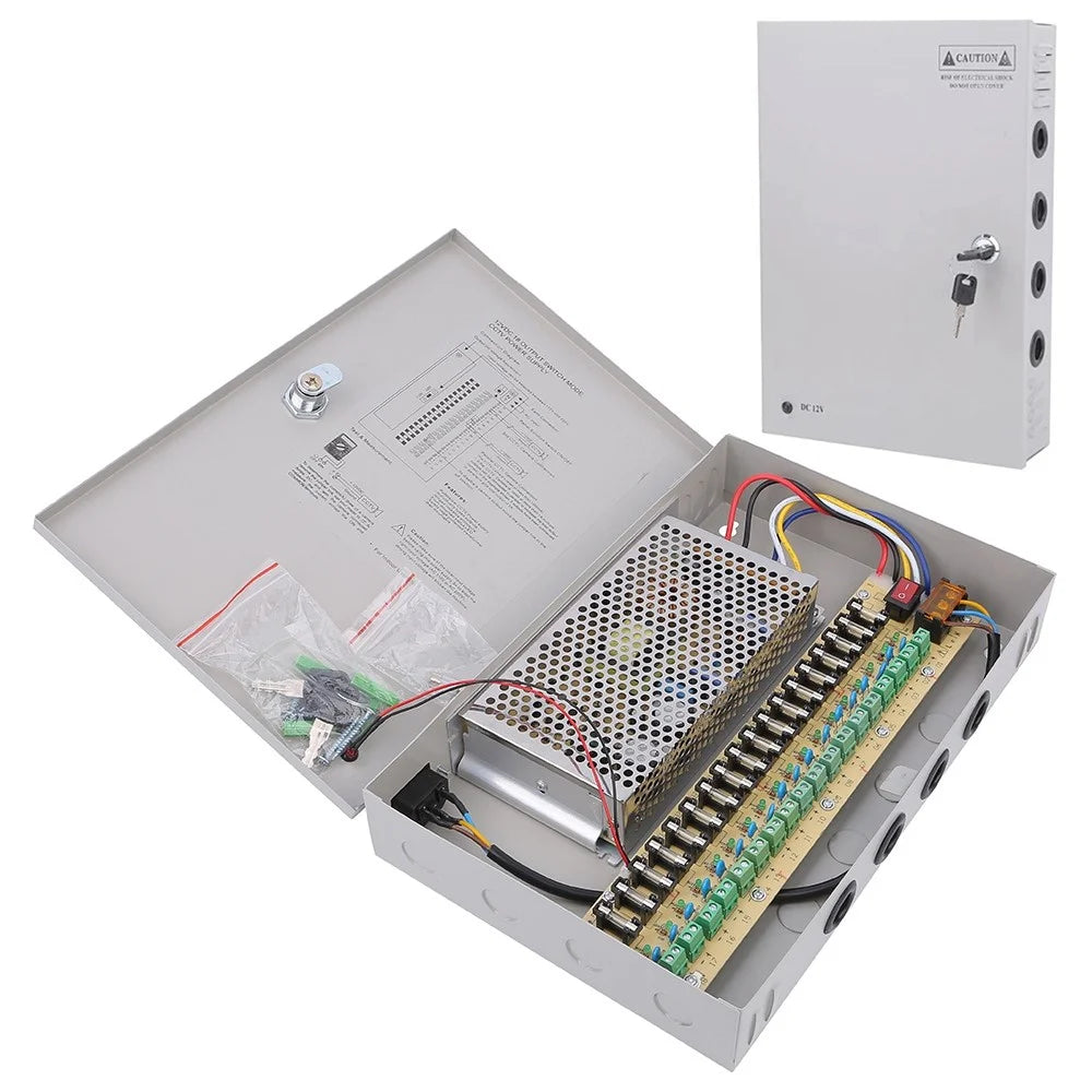 SOMPOM 18 Channel CCTV Power Supply Box for Security Camera System DVRs IP Cameras CCTV Cameras, 12V 15A DC Distributed Power Supply Box with Key Lock - 1