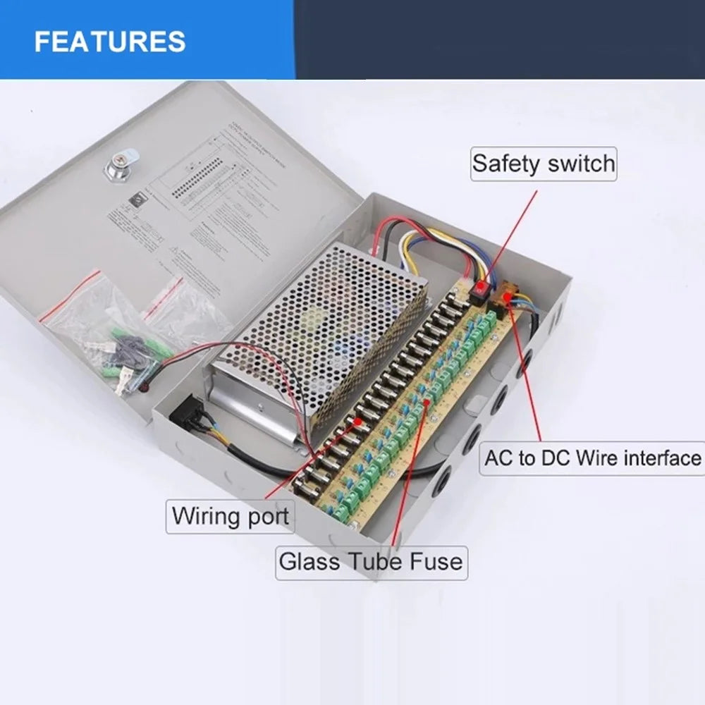 SOMPOM 18 Channel CCTV Power Supply Box for Security Camera System DVRs IP Cameras CCTV Cameras, 12V 15A DC Distributed Power Supply Box with Key Lock - 2