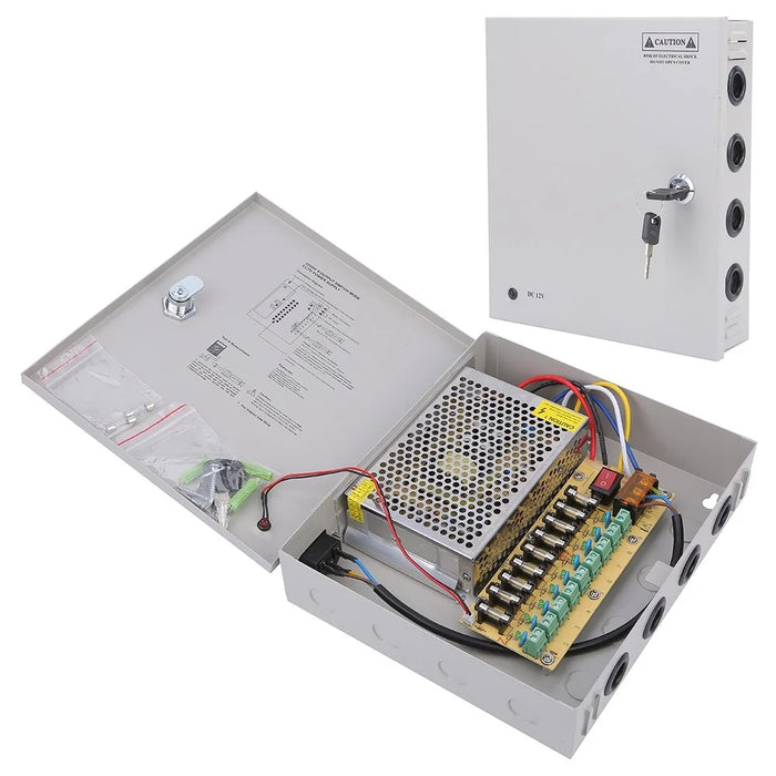 SOMPOM CCTV Power Supply 9CH Channel Port Box 12V 10A Distributed Power Supply Output - 1