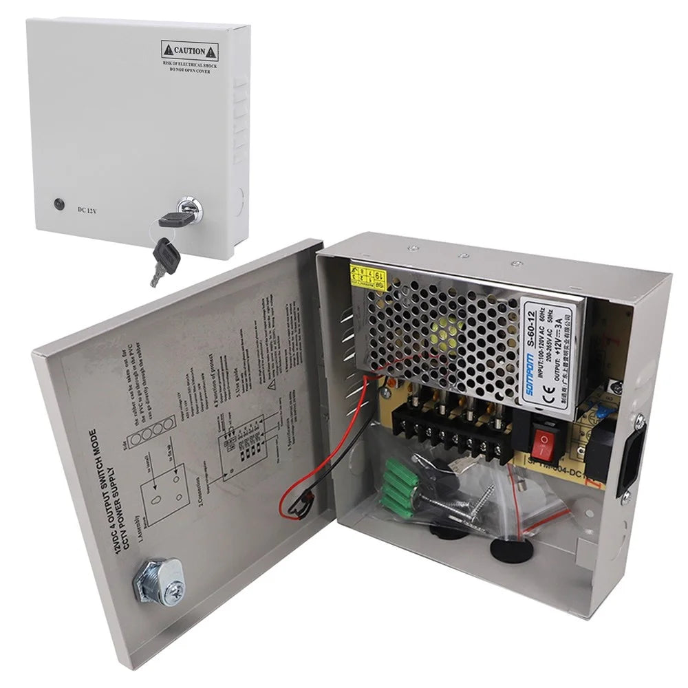 SOMPOM 4 Channel/Port DC 12V 3A Security Camera Power Supply Distribution with Metal Box for Cameras IP CCTV DVR Surveillance System - 1