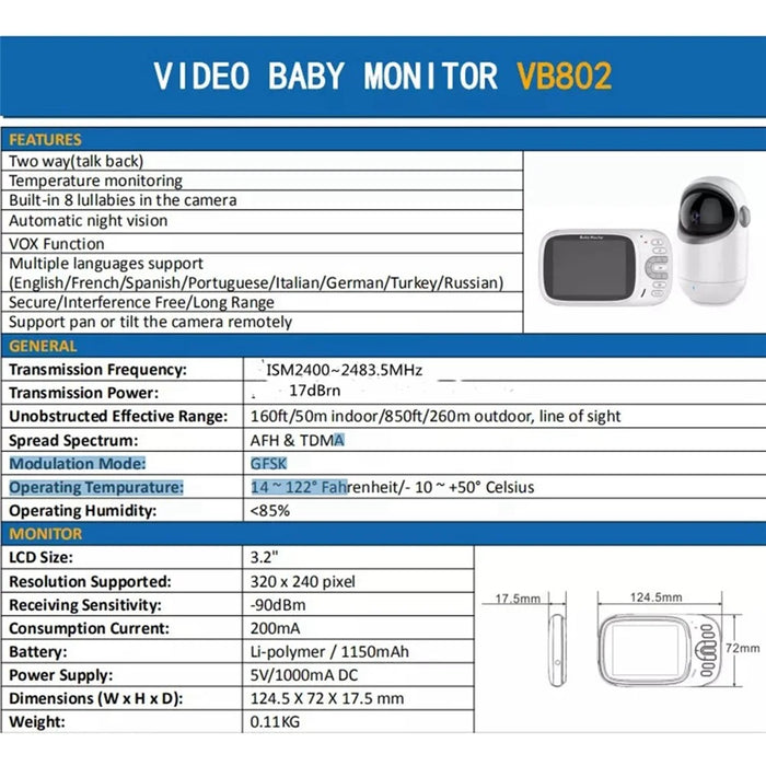 VB802 3.2 Inch Video Baby Monitor with Pan Tilt Camera Wireless Security Night Vision Temperature Monitoring Intercom Device - AU Plug - 7